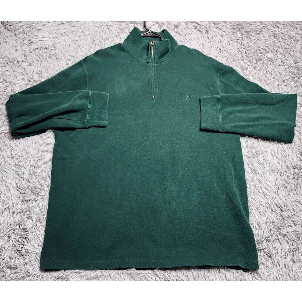 Polo Ralph Lauren Sweater Mens XXL 2XL Green Pony Knit Quarter Zip Mock Neck‎